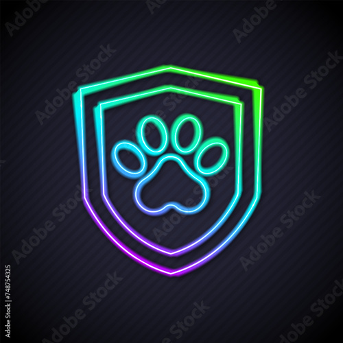 Glowing neon line Animal health insurance icon isolated on black background. Pet protection concept. Dog or cat paw print. Vector