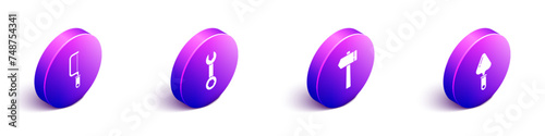 Set Isometric Hacksaw, Wrench spanner, Hammer and Trowel icon. Vector