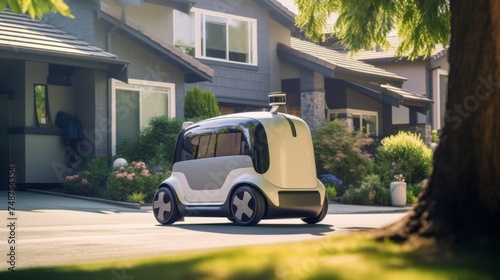Autonomous electric delivery vehicle parked in front of a modern suburban home, the side door sliding open to reveal an array of parcels and grocery bags for contactless delivery