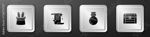 Set Magician hat and rabbit ears, Ancient magic book, Bottle with potion and Antique treasure chest icon. Silver square button. Vector