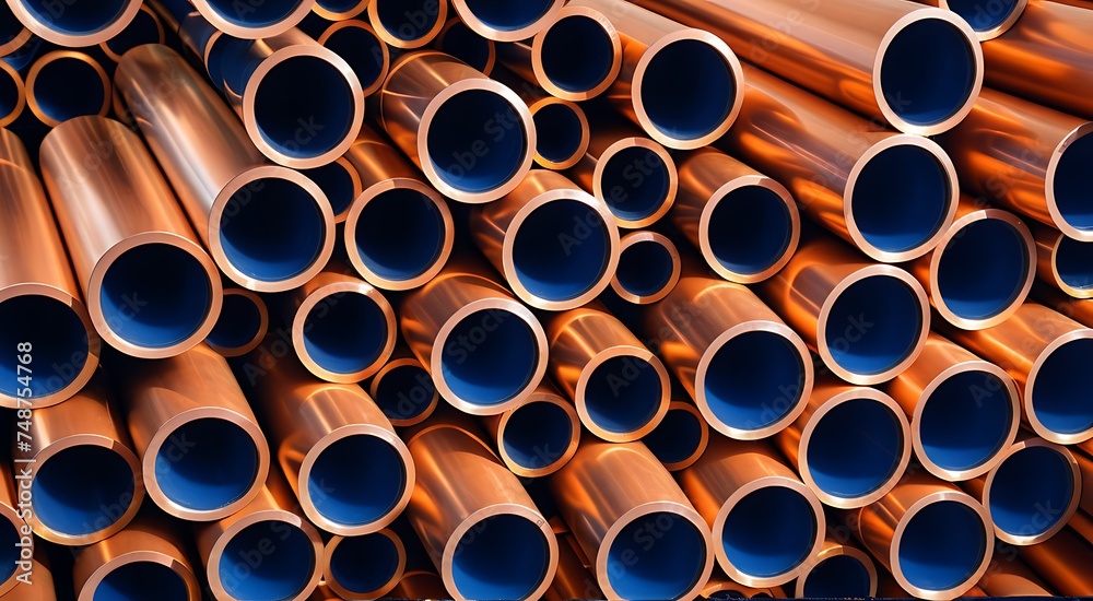 A multitude of copper pipes stacked with precision, showcasing a metallic sheen and circular patterns. A multitude of copper pipes stacked with precision, showcasing a metallic sheen and circular patterns.