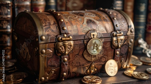 A treasure chest locked with a regulatory seal, filled with compliant cryptocurrencies.