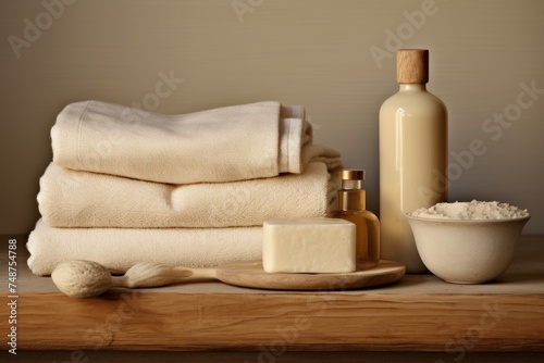 Zero waste spa concept with soap and lotion dispensers on oak shelf, kinfolk style bathroom set