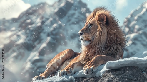 african lion sitting on snow mountains, detailed closeup of majestic predator in the winter wilderness photo