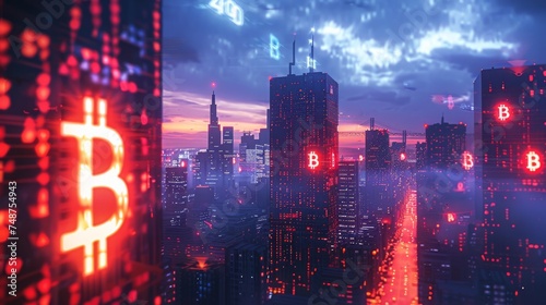 A vibrant cityscape at dusk  with buildings illuminated by glowing crypto symbols  representing a society fully integrated with digital currency.