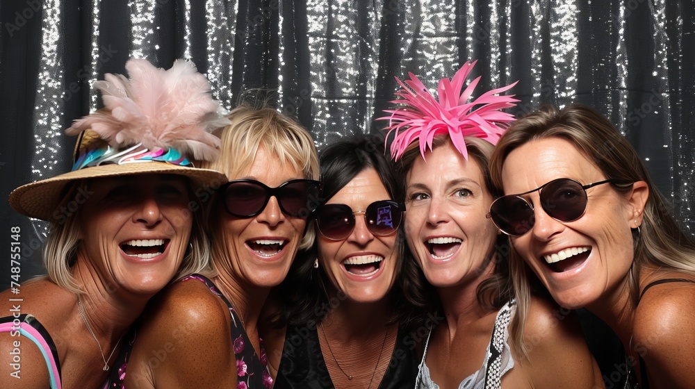 A group of women in their 50s pose playfully and playfully. Ready to record happy moments in the wedding photo booth.