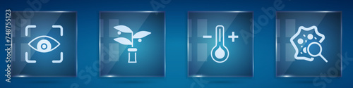 Set Eye scan, Plant breeding, Thermometer and Microorganisms under magnifier. Square glass panels. Vector