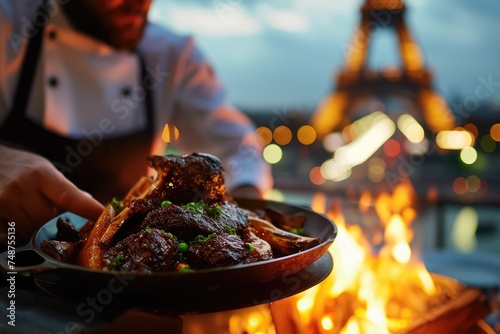 Savoring Tradition: Chef Presents a Luxurious Plate of Boeuf Bourguignon, Inviting Diners to Experience the Essence of French Culinary Heritage in Paris.