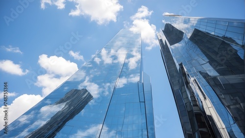 A blurred, upward perspective of a sleek, modern office tower, reflecting the blue sky and encapsulating economic and financial dynamism Generative AI © Haroon