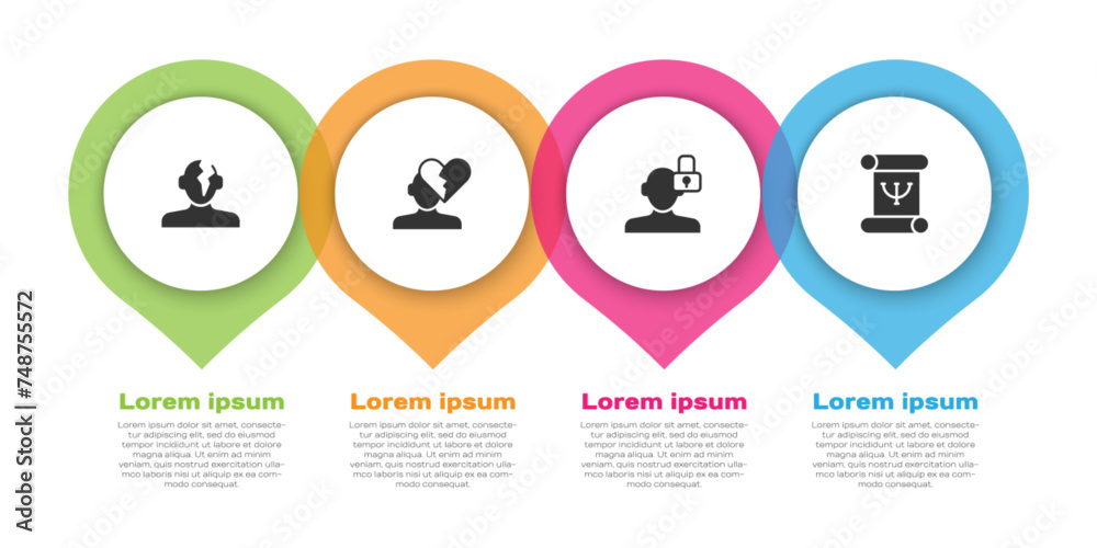 Set Solution problem in psychology, Broken heart or divorce, Closed personality and Psychology book. Business infographic template. Vector