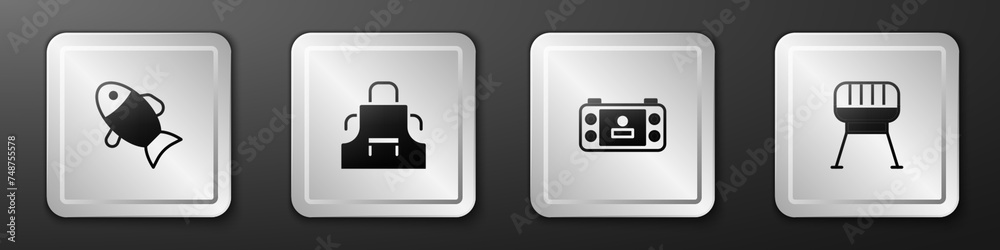 Set Fish, Kitchen apron, Portable video game console and Barbecue grill icon. Silver square button. Vector Set Fish, Kitchen apron, Portable video game console and Barbecue grill icon. Silver square button. Vector