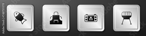 Set Fish, Kitchen apron, Portable video game console and Barbecue grill icon. Silver square button. Vector