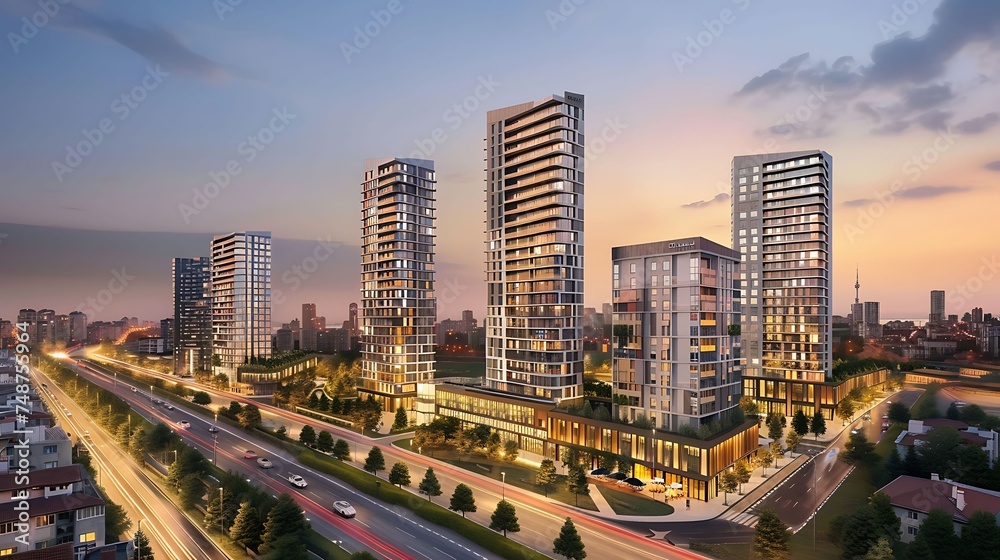 Naklejka premium A residential complex with modern architecture, located in a big city. The complex consists of several high-rise buildings with many apartments.