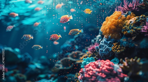 An ocean scene with fish and coral reefs made of digital pixels, highlighting the use of blockchain in monitoring and protecting marine biodiversity. © Exnoi