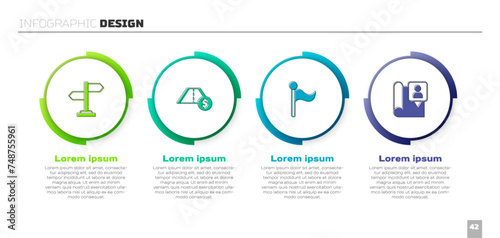 Set Road traffic sign, Toll road, Flag and Folded map with location marker. Business infographic template. Vector