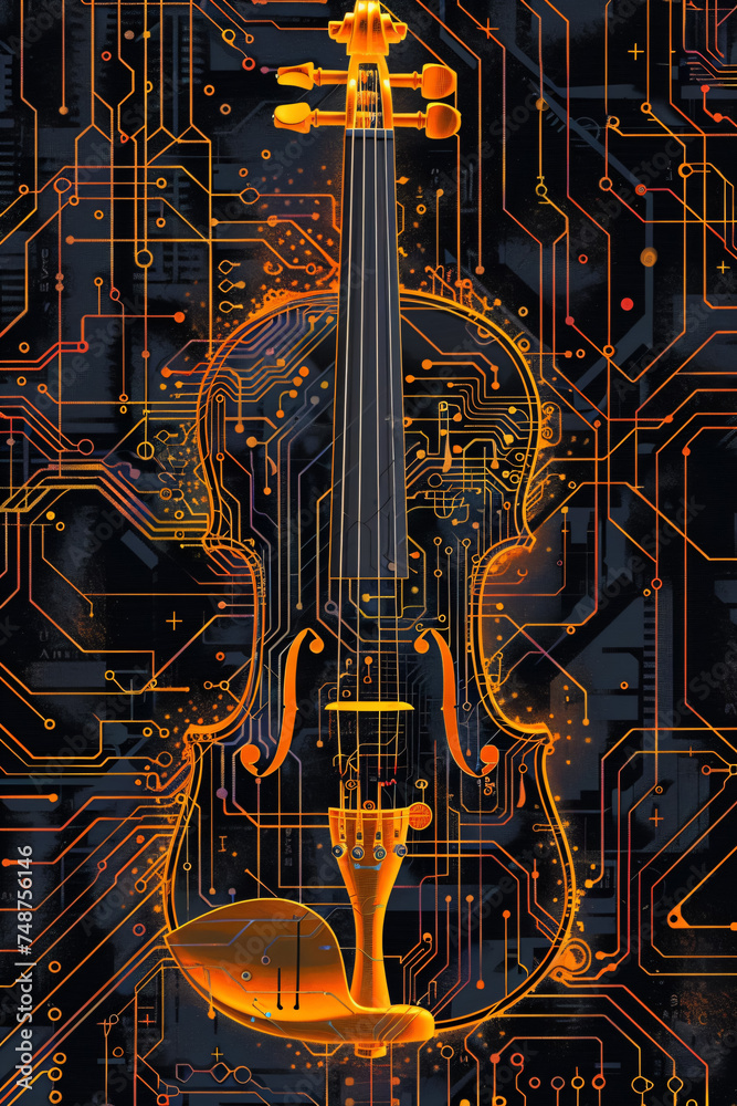violin with circuit board structure on a black background violin with circuit board structure on a black background
