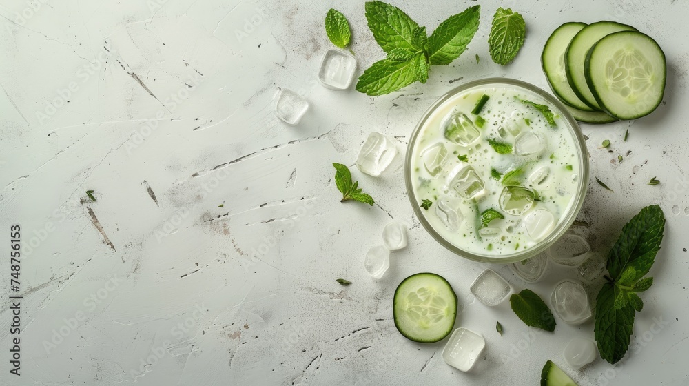 Ayran drink with cucumber and mint against a white backdrop. Generative Ai - obrazy, fototapety, plakaty 