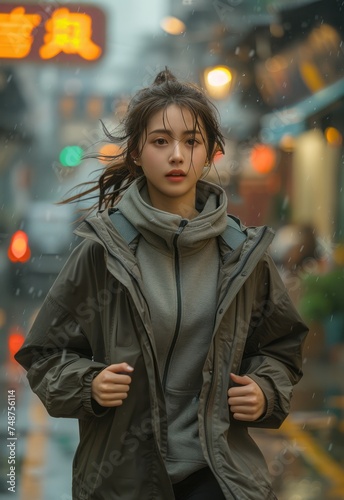 An Asian woman wears a sports coat while running on the streets of Beijing, fulllength shot
