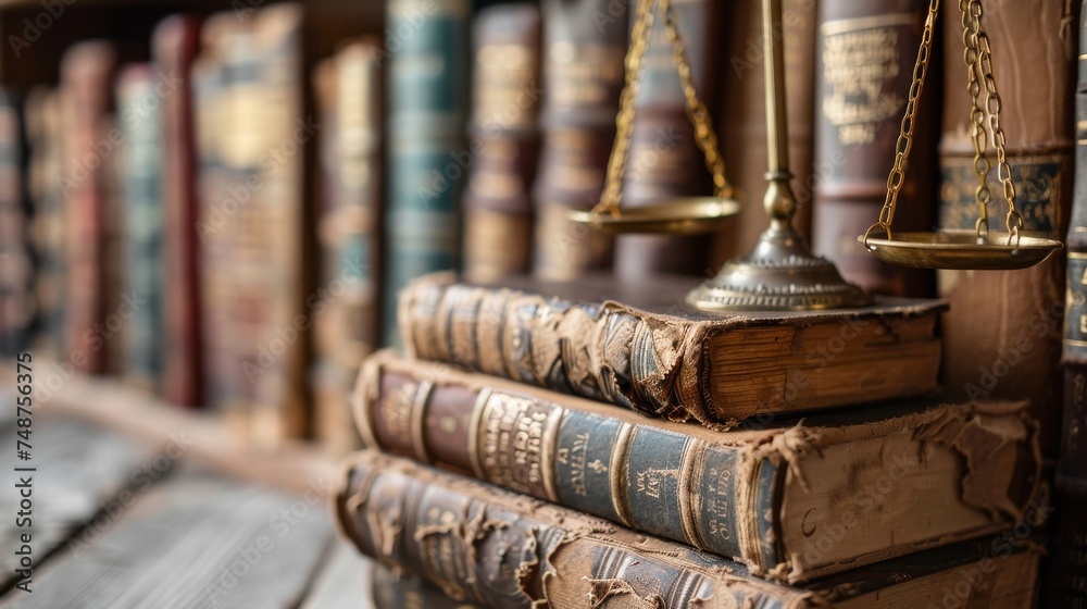 Fototapeta premium Balance Scales Digital Currencies and Law Books Traditional balance scales holding digital currencies on one side and law books on the other, representing the balance between innovation and regulation