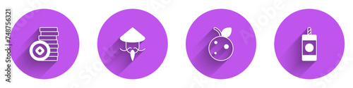 Set Chinese Yuan currency, Asian or conical straw hat, Peach fruit nectarine and Firework icon with long shadow. Vector
