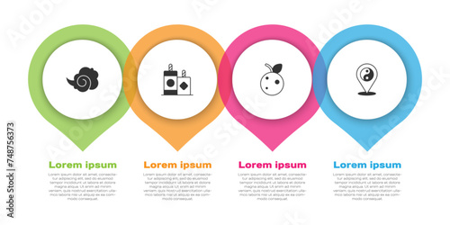 Set Magic fog or smoke, Firework, Peach fruit nectarine and Yin Yang symbol. Business infographic template. Vector