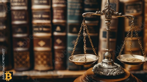 Balance Scales Digital Currencies and Law Books Traditional balance scales holding digital currencies on one side and law books on the other, representing the balance between innovation and regulation