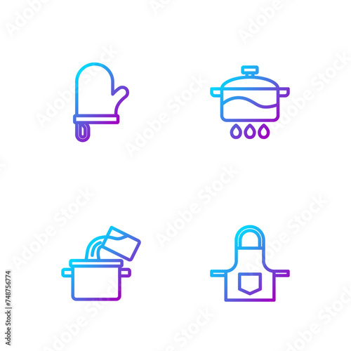 Set line Kitchen apron, Cooking pot, Oven glove and . Gradient color icons. Vector