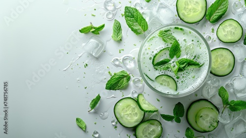 Ayran drink with cucumber and mint against a white backdrop. Generative Ai © Imran