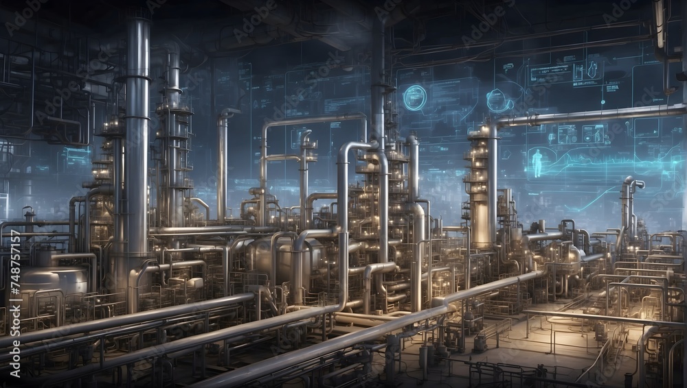 A sprawling refinery scene, tanks and pipelines underlaid with a holographic data HUD, presenting oil and gas demand charts as a testament to market-driven operations Generative AI A sprawling refinery scene, tanks and pipelines underlaid with a holographic data HUD, presenting oil and gas demand charts as a testament to market-driven operations Generative AI