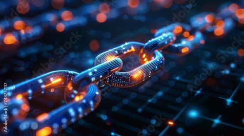 Blockchain Compliance Checkpoints: A blockchain chain with various checkpoints, each manned by a regulatory figure ensuring compliance with laws. © Exnoi