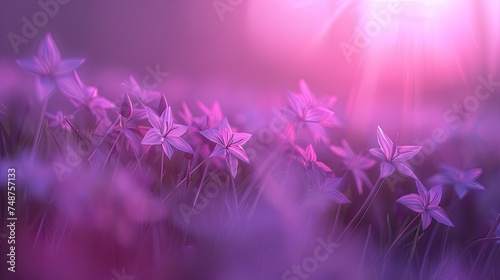 A mesmerizing field of violet flowers bathed in the ethereal light of a dreamy pink sunset