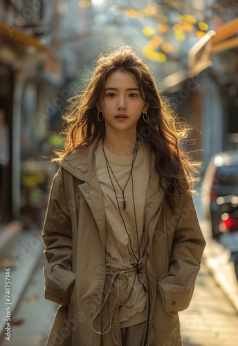 An Asian woman wears a sports coat while running on the streets of Beijing, fulllength shot