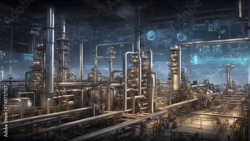 A sprawling refinery scene, tanks and pipelines underlaid with a holographic data HUD, presenting oil and gas demand charts as a testament to market-driven operations Generative AI