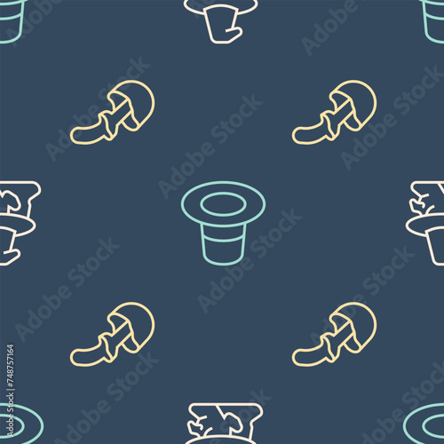 Set line Witch, Psilocybin mushroom and Magic hat on seamless pattern. Vector