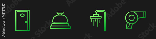 Set line Shower, Hotel door, service bell and Hair dryer. Gradient color icons. Vector