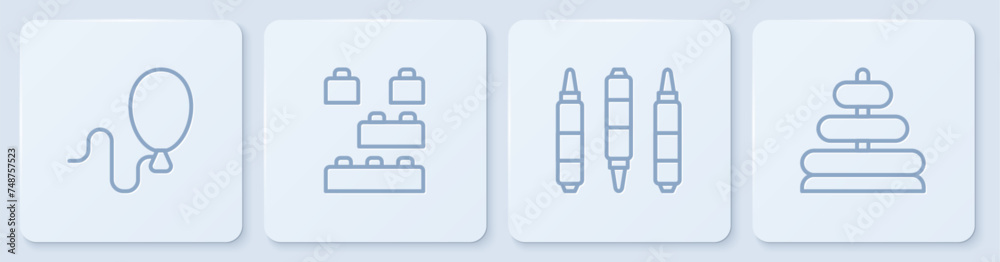 Set line Balloons, Marker pen, Toy building block bricks and Pyramid toy. White square button. Vector Set line Balloons, Marker pen, Toy building block bricks and Pyramid toy. White square button. Vector