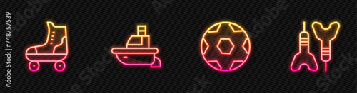 Set line Soccer football ball, Roller skate, Toy boat and Dart arrow. Glowing neon icon. Vector