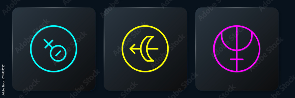 Set line Venus symbol, Neptune planet and Sagittarius zodiac. Black square button. Vector Set line Venus symbol, Neptune planet and Sagittarius zodiac. Black square button. Vector