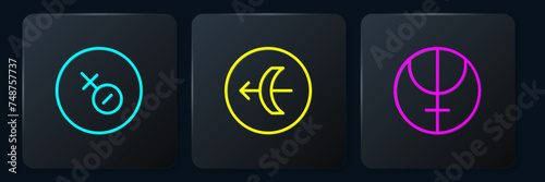 Set line Venus symbol, Neptune planet and Sagittarius zodiac. Black square button. Vector