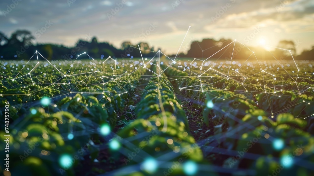 Blockchain in Agriculture: A farm using blockchain for supply chain tracking, with data points floating above crops. - obrazy, fototapety, plakaty 