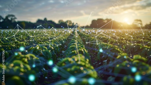 Blockchain in Agriculture: A farm using blockchain for supply chain tracking, with data points floating above crops. photo