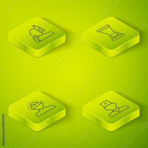 Set Isometric line Old hourglass, Concussion, headache, Male doctor and Alcoholism icon. Vector