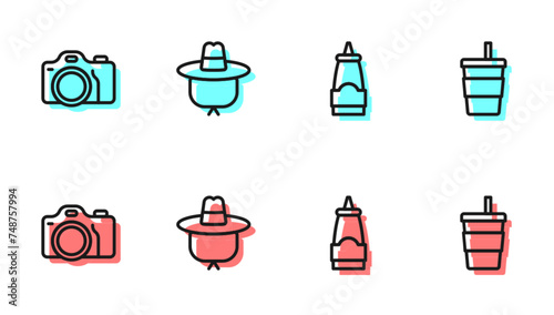 Set line Sauce bottle, Photo camera, Camping hat and Paper glass with water icon. Vector