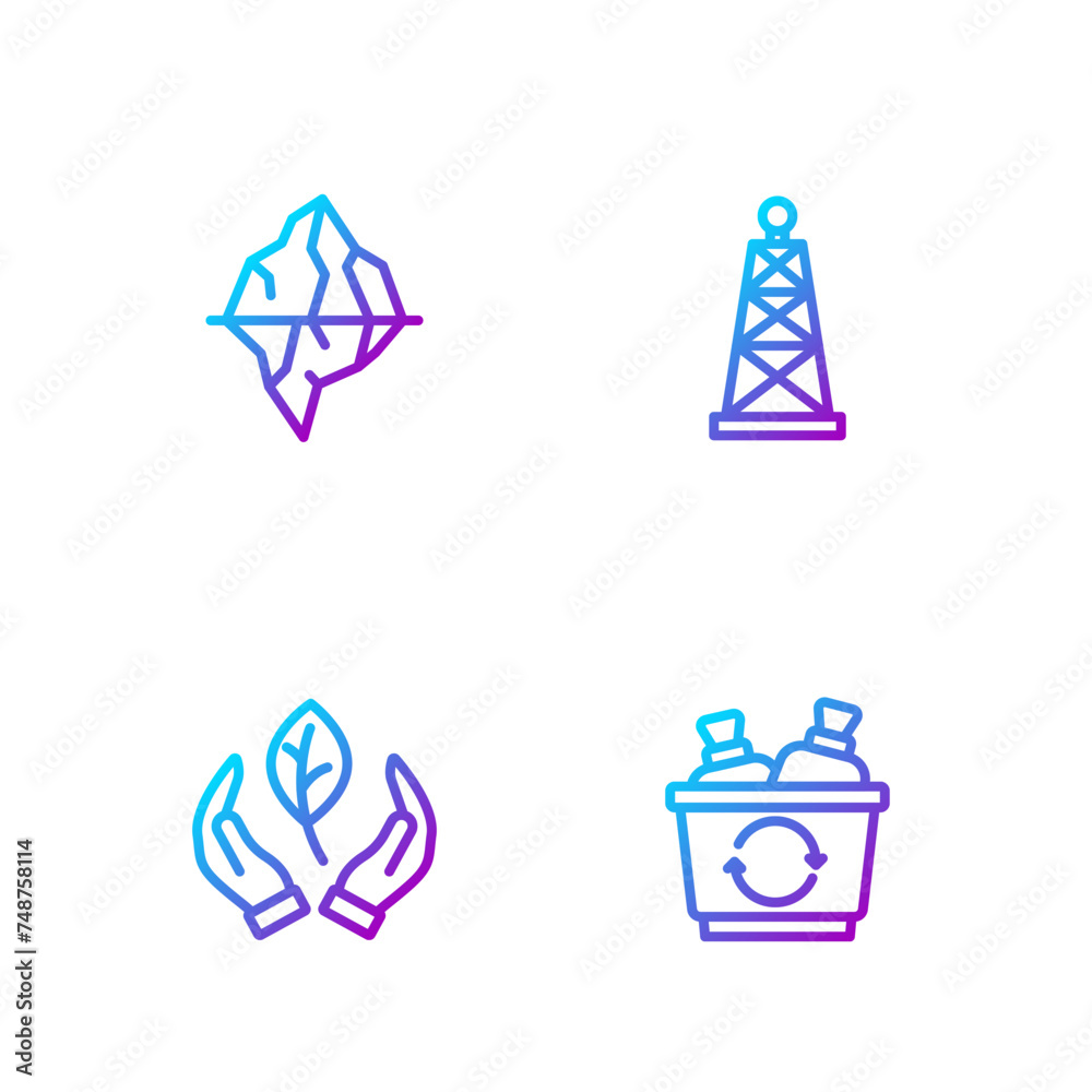 Set line Recycle bin, Leaf hand, Iceberg and Oil rig. Gradient color icons. Vector Set line Recycle bin, Leaf hand, Iceberg and Oil rig. Gradient color icons. Vector