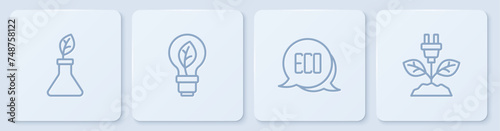 Set line Plant breeding, Leaf Eco symbol, Light bulb with leaf and Electric saving plug. White square button. Vector