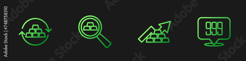 Set line Growth arrow with gold bars, Gold exchange money, and 24k. Gradient color icons. Vector