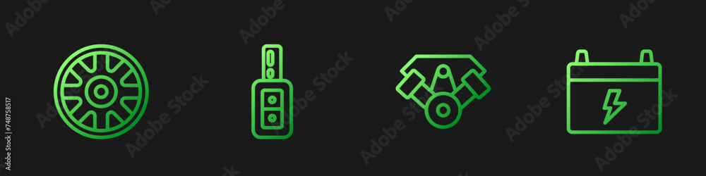 Set line Power car engine, Alloy wheel for, Car key with remote and battery. Gradient color icons. Vector Set line Power car engine, Alloy wheel for, Car key with remote and battery. Gradient color icons. Vector