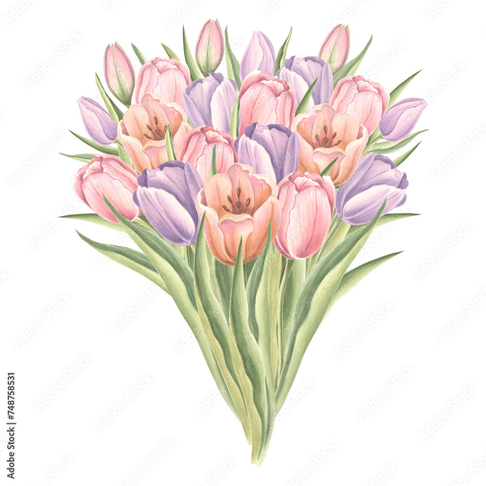 Naklejka premium Bouquet of tulips flowers with leaves. Isolated hand drawn watercolor illustration garden spring flower. Floral drawing template for card of Mothers day, 8 March, Easter, wedding, textile, embroidery.