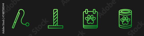 Set line Calendar grooming, Pet cat toy, Cat scratching post with and Canned food. Gradient color icons. Vector