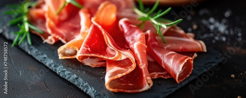 Spanish jamon ham sliced on black modern slate top view.